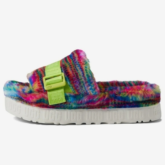 UGG Fluffita Slipper Sandals White Pixelate Multi Color Rainbow - Picture 1 of 16